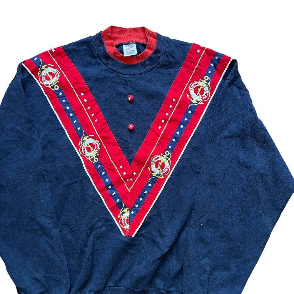 Vintage Nautical Navy Red JerZees 80s 90s Mockneck Sweatshirt XL